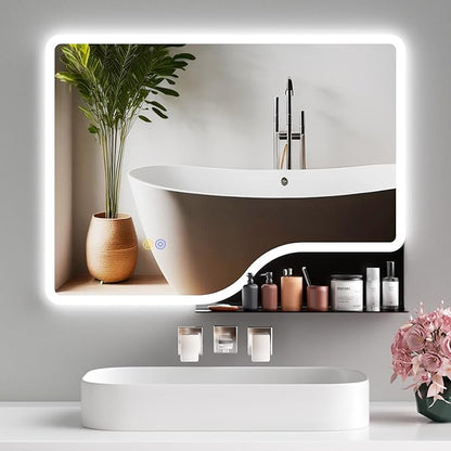 32"x 24" LED Bathroom Mirror with Shelf, 3 Colors Backlit Vanity Mirror with Lights, Wall-Mounted Bathroom Mirror with Lights, Smart Mirror with Anti-Fog, Stepless Dimmable, Memory (UL, ETL)