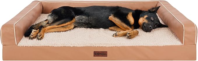 FurHaven Orthopedic Dog Sofa Bed – Memory Foam Couch with Bolsters, Textured Plush & Water-Resistant Cover, Washable Cover, Joint Support - Camel, Jumbo Plus-Mewly Pet