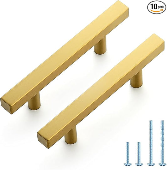 JOY DECOR 10 Pack 3 Inch Brushed Brass Square Cabinet Handles Stainless Steel Cabinet Hardware Pulls for Kitchen and Drawers with 5 Inch Overall Length