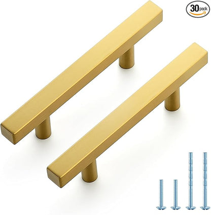 JOY DECOR 30 Pack 3 Inch Brushed Brass Square Cabinet Handles Stainless Steel Cabinet Hardware Pulls for Kitchen and Drawers with 5 Inch Overall Length