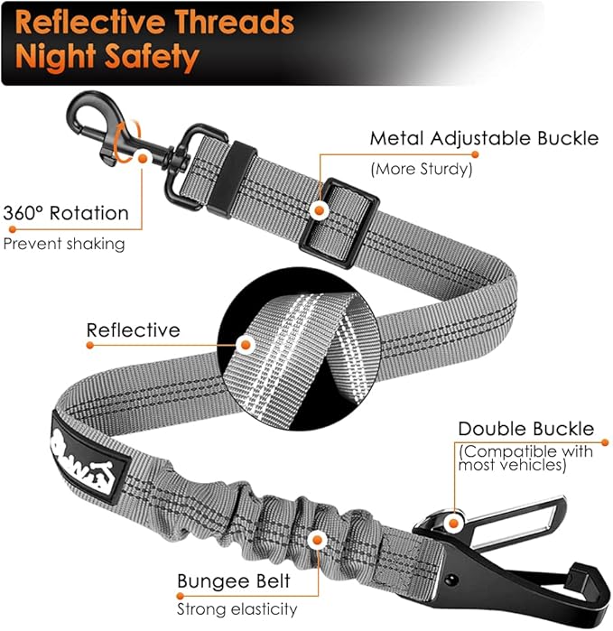 SlowTon 2 Pack Dog Seat Belt, 2 in 1 Attachment, Hook Latch Bar or Seatbelt Buckle with Elastic Nylon Bungee Buffer Adjustable Reflective Nylon Safety Belt Tether Connect to Dog Harness (2pack-GY)-Mewly Pet