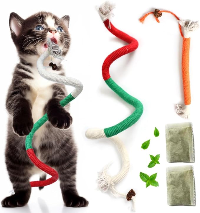 Kittens Toys，Cat Chew Toys for Indoor Cats, Catnip Toy for Teeth Cleaning, Interactive Cat Nip Teething Rope Toys for Cats Kitty, 2 Pack (27.56&7.87 inches，Plus 2 Packs of Catnip)-Mewly Pet