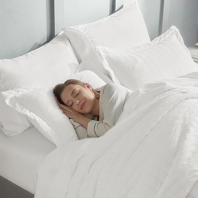 CozyLux Oversized King Comforter Set White Seersucker 7 Pieces 120x98 Bed in a Bag Comforter Set with Sheets, Luxury Soft Bedding Sets with Down Alternative Comforter, Sheets, Pillowcases & Shams
