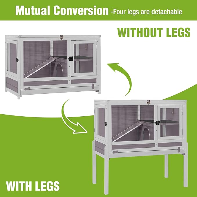 GUTINNEEN Rabbit Hutch Guinea Pig Cages Indoor with Stand Wooden Small Animals Cage Hutch Hamster Cage with Hideout,Pull Out Tray, Anti Chew Ramp (Grey)-Mewly Pet