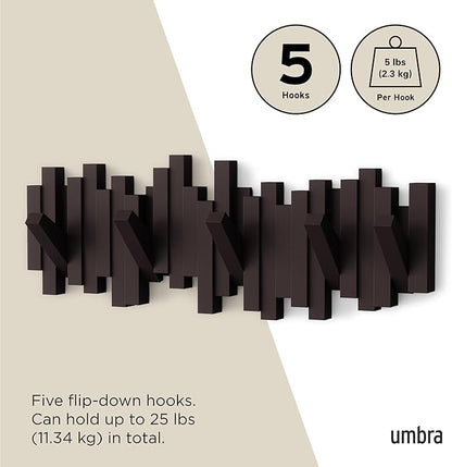 Umbra Sticks Wall-Mounted Coat Rack Rail Hook with 5 Retractable Pegs – Modern, Space-Saving Storage Organizer, Espresso