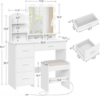 Quimoo Makeup Vanity with 10 Light Bulbs and Charging Station, Vanity Desk with Lighted Mirror & 4 Drawers, Vanity Table Set with Cushioned Stool,White