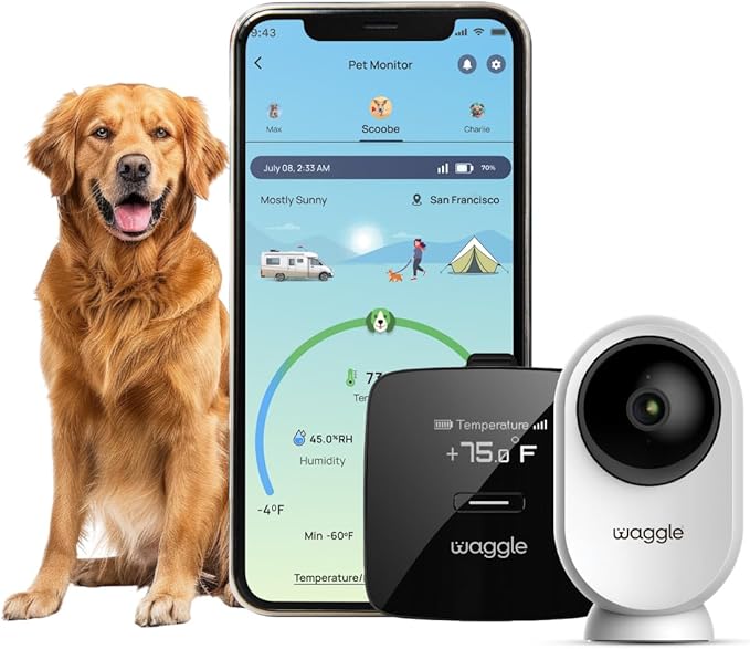 Waggle RV/Dog Temperature Monitor (GPS) & Pet Camera Bundle for RVs - Portable WiFi Cam (128GB) with Motion Alert & Remote Access | Watch Pets While Travelling-Mewly Pet