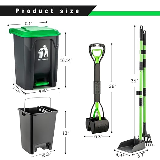 MXF Pooper Scooper Set - 28" Dog Pooper Scooper & Long Handle Stainless Metal Tray&Rake, 15 Litre Step Dog Poop Trash Can w/Removable Inner Bucket, 20 Waste Bags for Outdoors-Mewly Pet