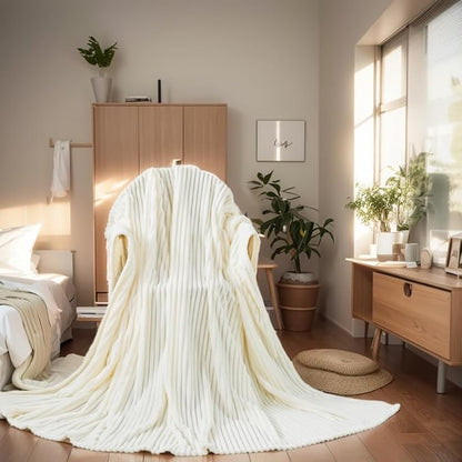 Cuddly Twin Size Blanket, Fluffy Fleece, Warm & Soft with Striped Pattern, 66x90 Inches, Cream