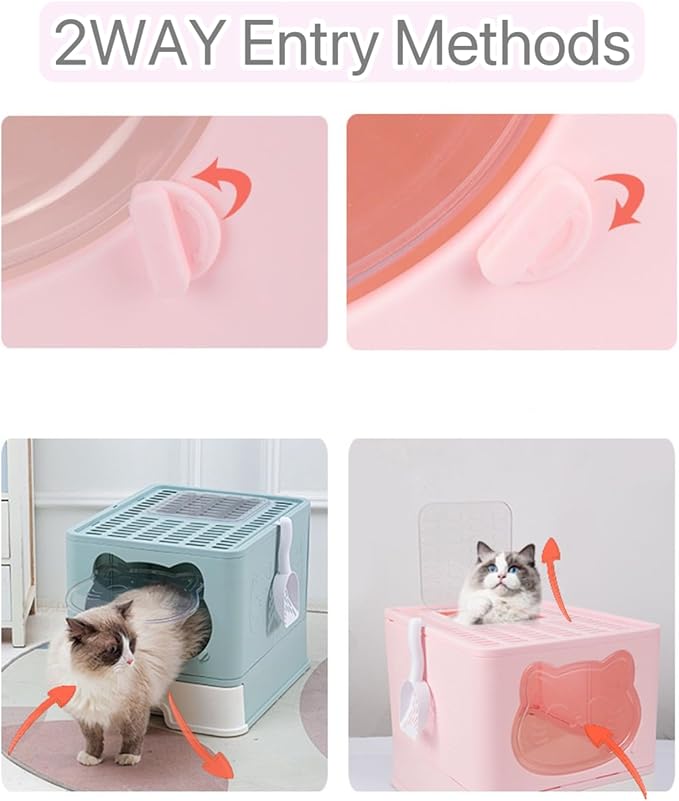 Top Entry Cat Litter Box with Lid, Anti-Splash Foldable Cat Litter Box with Activated Carbon Keeping Air Fresh, Drawer Type Easy to Clean (Green)-Mewly Pet