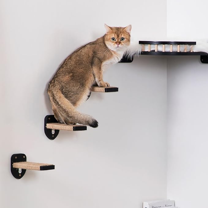 3-in-1 Cat Wall Steps - Climbing Wall Furniture & Shelves with Hemp Rope, Solid Wood Cat Ladder (Standard-Black)-Mewly Pet
