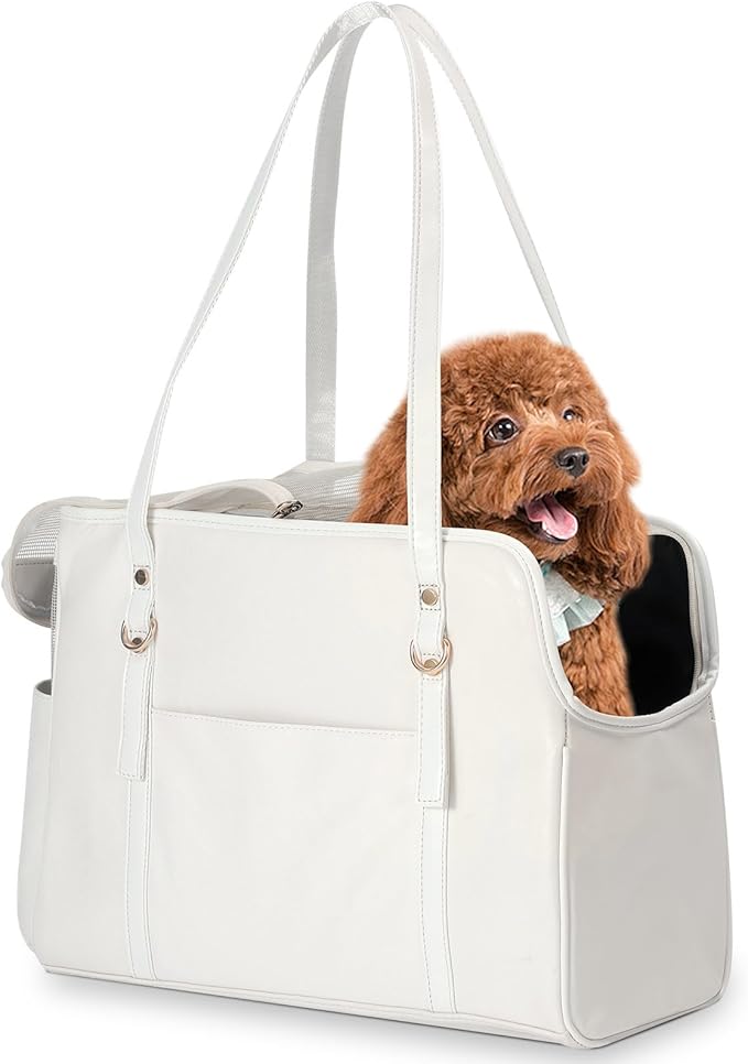 Dog Carrier Purse, Fashion Leather Pet Carrier with Pockets, Airline Approved Soft Sided Dog Carrying Bag for Puppy Cat Dog White-Mewly Pet