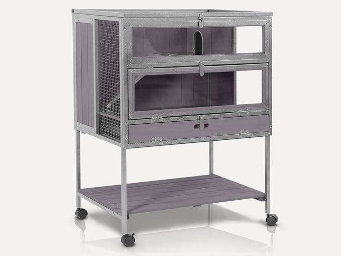 Guinea Pig Cage, Moveable Metal Frame Hamster Cage Anti-Chewing with Aluminium Alloy Edge, Hideouts, Ramps, Seesaws Chewing Toy, Deeper Pull-Out Leakproof Tray for Indoor Outdoor(Grey-Mewly Pet