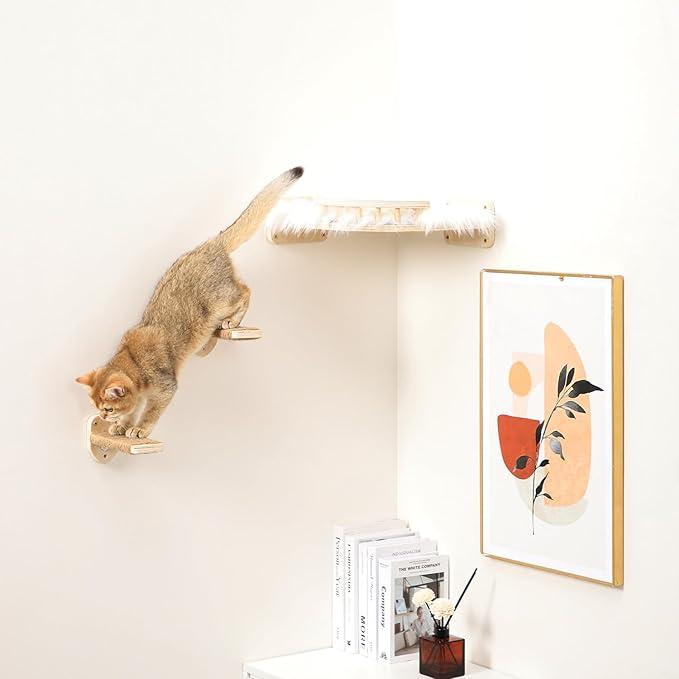 3 Pcs Cat Wall Steps, Cat Shelves and Perches for Wall, Wall-Mounted Cat Climbing Shelf with Hemp Rope Covered, Cat Wall Furniture Steps Set with Scratching Pads for Cats Playing and Climbing (Wood)-Mewly Pet