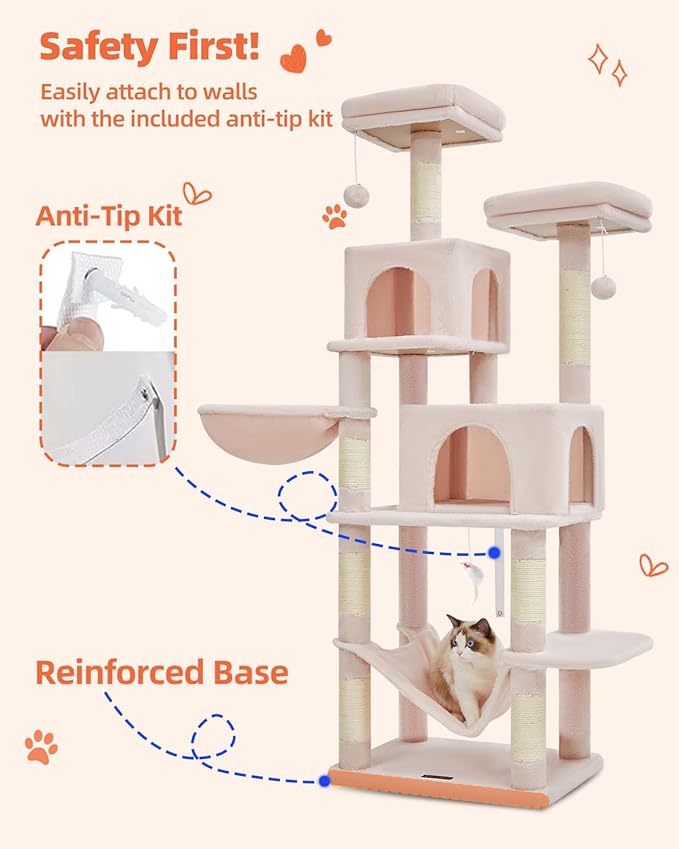 Taoqimiao Cat Tree, 66.2-Inch Cat Tower for Indoor Cats, Plush Multi-Level Cat Condo with 12 Scratching Posts, 2 Perches, 2 Caves, Hammock, 2 Pompoms, Jelly Pink MS013P-Mewly Pet