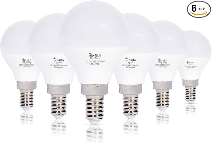 Simba Lighting LED Candelabra E12 Base G14 Small Globe 5W 40W Replacement Light Bulb (6 Pack) for Ceiling Fan, Chandelier, Vanity, Round A15 Frosted White Cover, Non-Dimmable, 4000K Natural Light