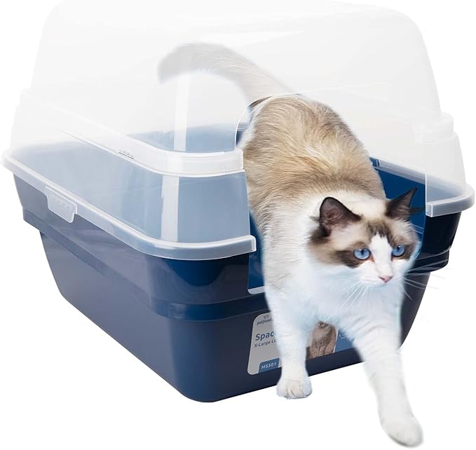 Petfamily Cat Litter Box, Large Foldable Jumbo Hooded Cat Litter Box with Transparent Lid (Navy Blue)-Mewly Pet