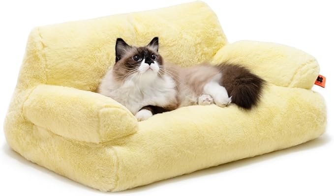 MEWOOFUN Cat Beds for Indoor Cats, Washable Small Dog Beds for Medium Small Dogs & Cats up to 25 Lbs, Fluffy Cat Couch with Non-Slip Bottom (Yellow, 26.0" L x 19.0" W x 13.0" Th)-Mewly Pet