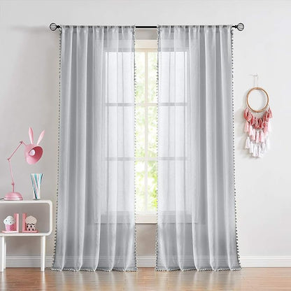 Treatmentex Grey Linen Textured Sheer Curtains Drapes for Bedroom Living Room Office Window Curtain Set 2 Pack Extral Long 108 inches Length Rod Pocket