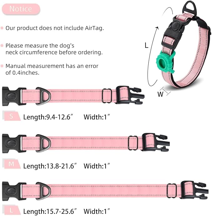 JSXD AirTag Dog Collar, Night Reflective Nylon Dog Collar for Small Medium Large Dogs,Lockable Quick Release Buckle,Padded Breathable Pet Collar with AirTag Holder (Pink, Medium)-Mewly Pet