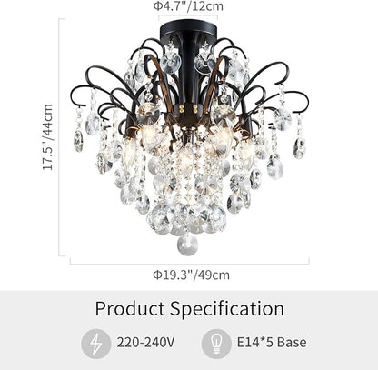 WUZUPS Crystal Chandelier Flushmount Ceiling Light Modern Lighting Fixture for Bedroom Hallway Bar Kitchen Bathroom, H 17.5'' x W 19.3'', E12 Base, Black