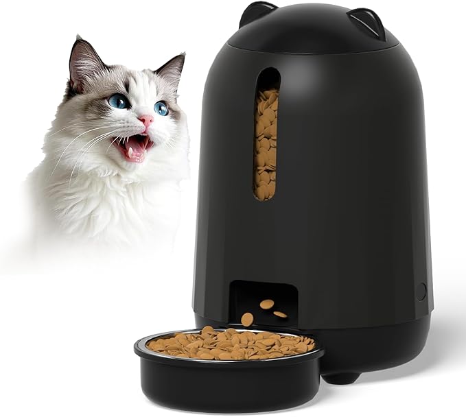 PAPIFEED Automatic Cat Feeder, 3L Timed Cats Food Dispenser with Dual Power Supply, Auto Pet Feeder with Programmable Portion Control for Cats and Small Dogs, Black-Mewly Pet