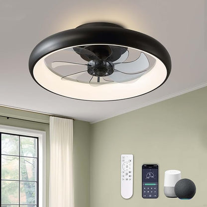 Modern Black 20" Flush Mount Ceiling Fan with Lights, 6 Wind Speeds, LED, Bedroom, Kitchen