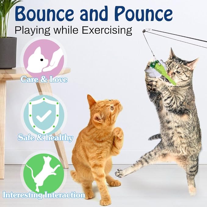 Pawaboo Cat Feather Toys, 4 Pack Interactive Cat Feather Teaser Wand Toys, Retractable Fishing Pole Wand Catcher Exerciser with Refill Fish, Dragonfly Worm with Bells, Fun Kitten Kitty Toy, Colorful-Mewly Pet