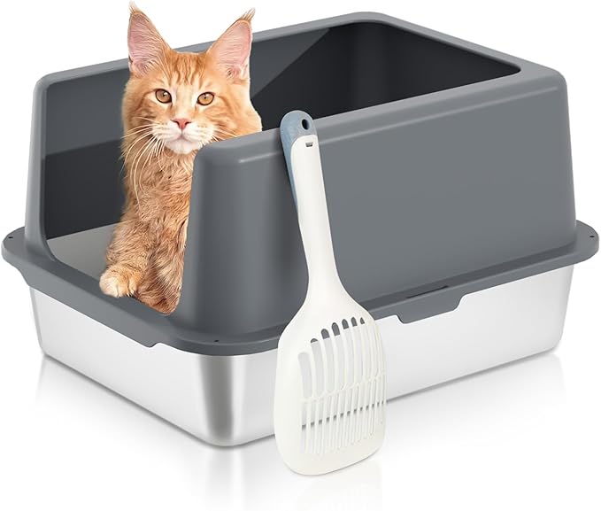 Stainless Steel cat Litter Box, Covered Metal Litter Box, cat Litter Pans with high Sides, Kitty Litter Boxes for Indoor Cats (Non Sticky, Easy to Clean, Anti-Urine Leakage) 17.5" L x 13.5" W x 4" H-Mewly Pet