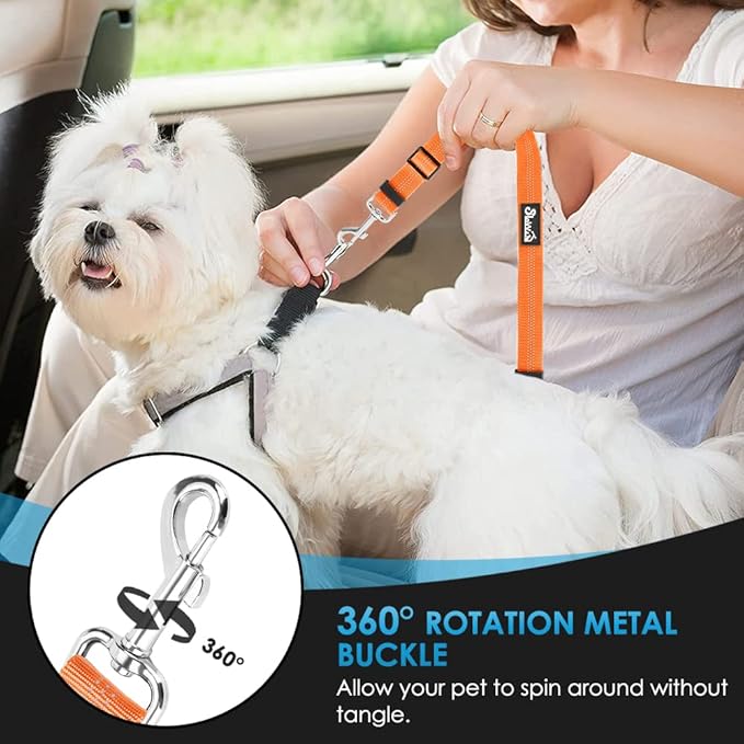 SlowTon Dog Seat Belt for Car, 2 Pack Dog Car Harness Seatbelt Adjustable with Elastic Bungee Buffer, 2 in 1 Pet Car Leash Headrest Restraint Dog Reflective Safety Tether (Orange, Headrest+Clip)-Mewly Pet