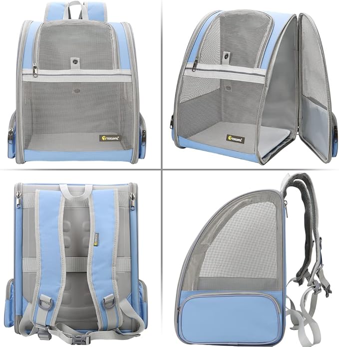 Texsens Pet Backpack Carrier for Small Cats Dogs | Ventilated Design, Safety Straps, Buckle Support, Collapsible | Designed for Travel, Hiking & Outdoor Use (Blue)-Mewly Pet