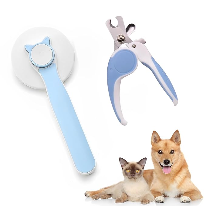 2PCS Pet Grooming Kit, Cat Brushes & Cat Nail Clipper, Cat Grooming Brush for Sedding and Grooming Fur（Blue）-Mewly Pet