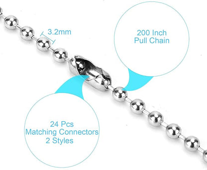 200 Inch Ceiling Fan Pull Chain, (Upgrade Rust Proof) 3.2mm Beaded Pull Chains Extension, Light Chain Pulls Extenders Great Pulling Force Stainless Steel with 24 Matching Connectors 2 Styles, By PSISO