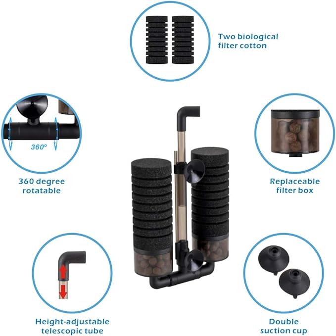 hygger Sponge Filter, Aquarium Filter Double Sponge Replaceable Media with 4 Biochemical Sponges and 1 Bag of Filtered Ceramic Balls Ultra Quiet Filter Fish Tank (S/M) (M for 15 to 55 Gallon Tank)-Mewly Pet