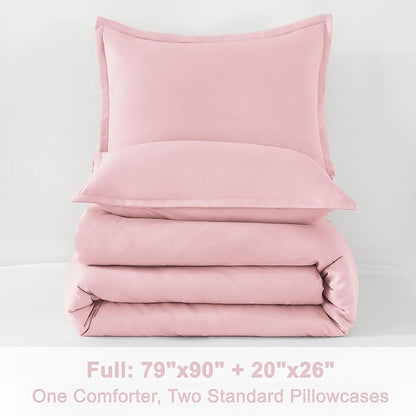 Litanika Pink Comforter Set Full Size, 3 Pieces Girls Women Cute Soft Solid Bedding Comforter Set, All Season Bed Set (79x90In Comforter & 2 Pillowcases)