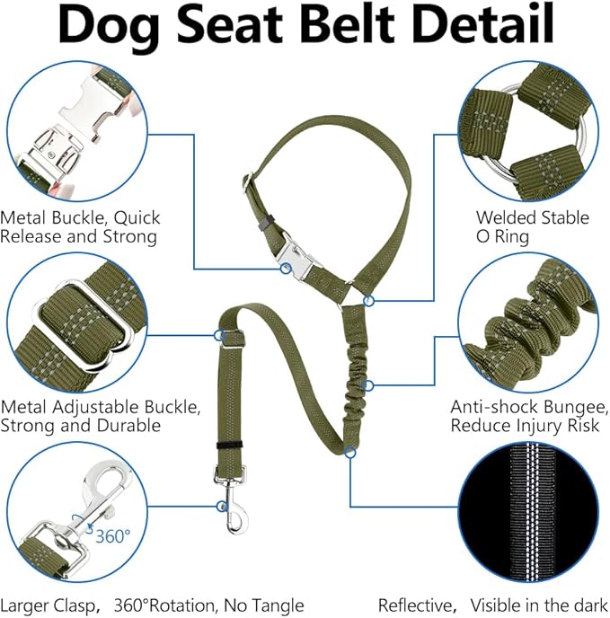 Plutus Pet Dog Seat Belt for Car Headrest, Reflective and Adjustable Restraint with Elastic Bungee for Safety, Vehicle Seatbelt Harness for Small Medium Large Dogs and Cats, Ranger Green-Mewly Pet