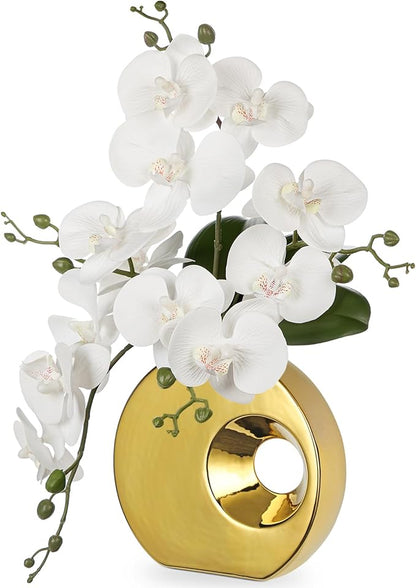 Briful Artificial Orchid Flowers in Gold Pot 15.7" Tall White Faux Orchid Arrangement Silk Orchid Flower Fake Orchids Centerpiece for Home Office Room Wedding Table Décor