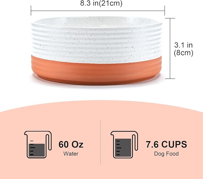 SPUNKYJUNKY Ceramic Dog Bowls 2 Pack, 8.3'' Dog Food Water Double Feeding Bowls Non-Slip for Large Sized Breed Microwave Dishwasher Safe - 60 OZ, 2pcs, Pattern White-Mewly Pet