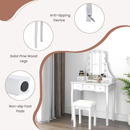CHARMAID Vanity Desk with Mirror and Lights, Makeup Vanity Table with 5 Storage Drawers, 3 Color Lighting Modes, Adjustable Brightness, Modern Bedroom Dressing Table with Vanity Stool, White