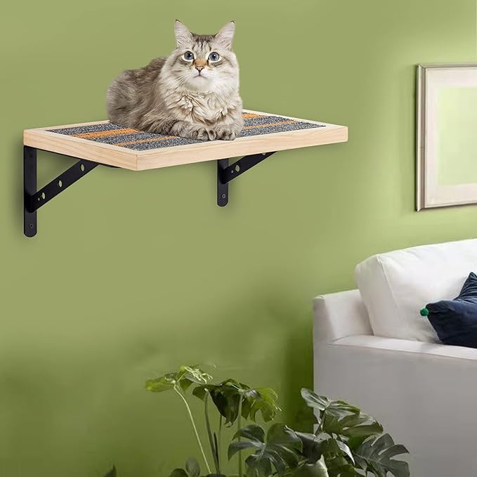 Handcrafted Wood Cat Perch & Shelves - Floating Shelf with Cat Hammock Seat, Lounge Bed, Climbing Steps for Relaxing, Playing and Scratching-Mewly Pet