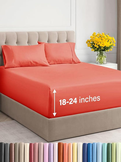 Extra Deep Twin XL Sheet Set - 4 Piece Breathable & Cooling Sheets - Hotel Luxury Bed Sheets Set - Easy & Secure Fit - Soft, Wrinkle Free & Comfy Sheets Set - Coral Sheet Set with Extra Deep Pockets