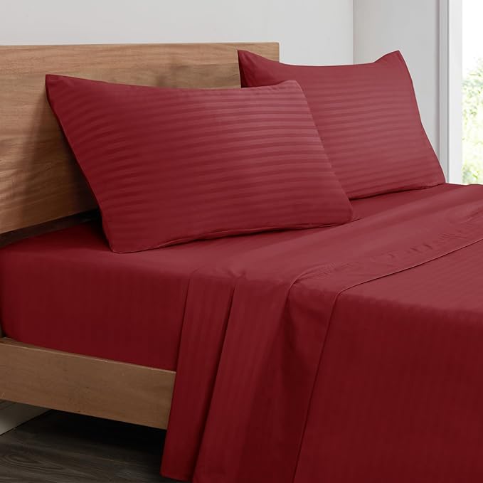 Mejoroom Striped Queen Size Sheet Set - Hotel Luxury 1800 Bedding Sheets & Pillowcases - Deep Pocket Fitted Sheet, Soft, Breathable, Wrinkle & Fade Resistant - 4 Piece (02-Burgundy)