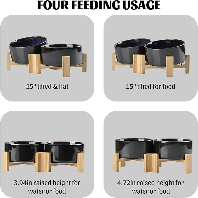 SPUNKYJUNKY 15° Slanted Ceramic Dog and Cat Bowl with Wooden Stand, Tilted Bulldog Food and Water Bowl No Slip Non-Spill for Cats Medium Dogs Big Face Pets 28.7 OZ (3.6 Cups, Starry Blue × 2)-Mewly Pet