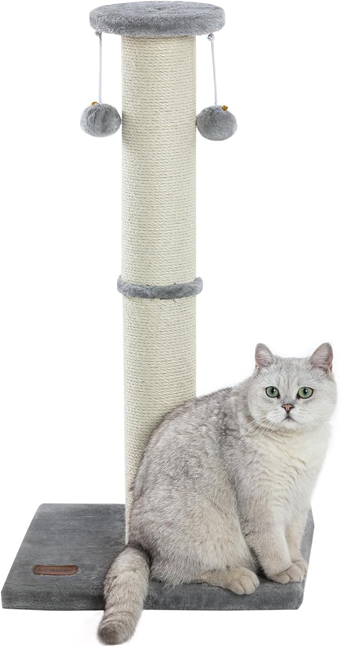 Kilodor 34Inch Tall Cat Scratching Post,4.3Inch Diameter Large Sisal Cat Scratch Post with Ball, Sturdy and Durable Cat Scratcher for Indoor Cats Adults Grey-Mewly Pet
