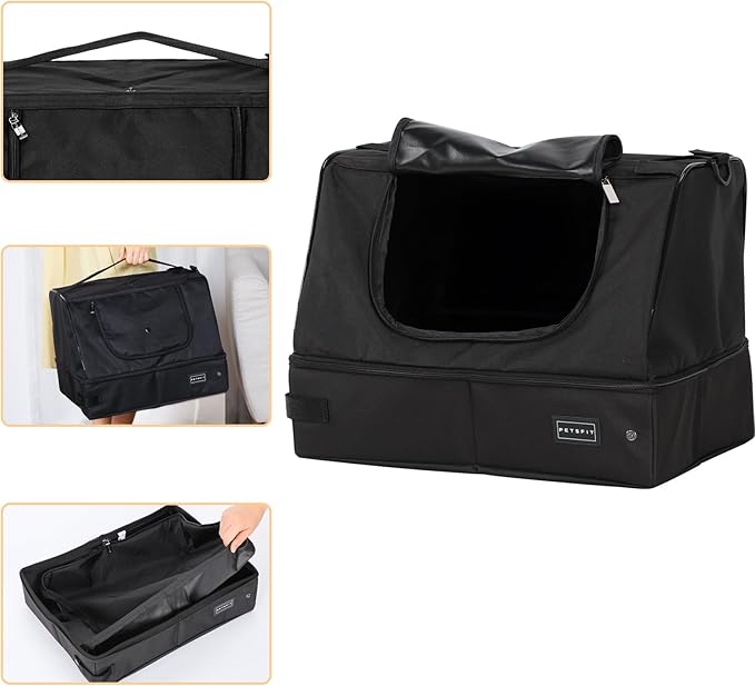 PETSFIT Portable Cat Litter Box - Removable 2-Layer Leak-Proof Lining, Scratch-Resistant Fabric with Sturdy Support Frame, Travel & Collapsible Cat Litter Box Black-Mewly Pet