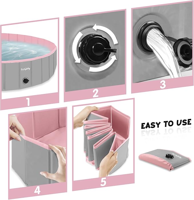 Furrybaby Dog Pool, Kiddie Pool with Hard Plate Collapsible Pet Bath Foldable Swimming Pet Pool Portable Pink 39''-Mewly Pet