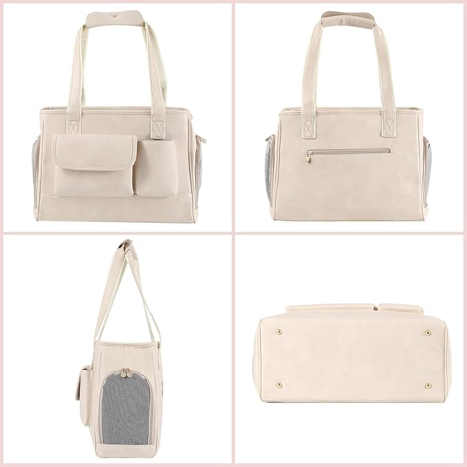 Dog Carrier Purse, Fashion Leather Pet Carrier Bag, Airline Approved Soft Sided Cat Travel Tote Bag with Pockets White-Mewly Pet