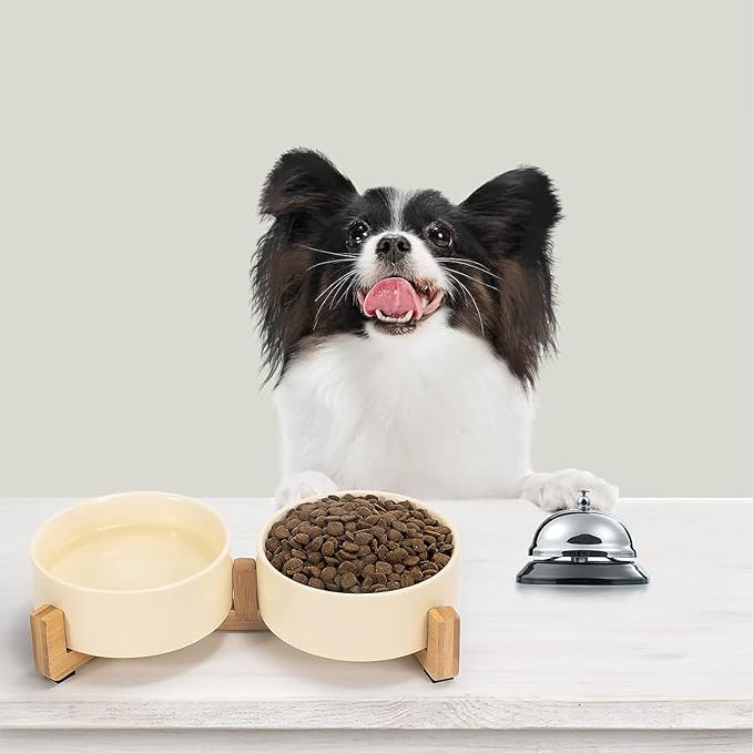 SPUNKYJUNKY Ceramic Dog and Cat Bowl Set with Wooden Stand, Modern Cute Weighted Food Water Set for Small Size Dogs (13.5OZ) & Medium Sized Dogs (28.7OZ) & Cats (1.7 Cups, 2 × Beige)-Mewly Pet