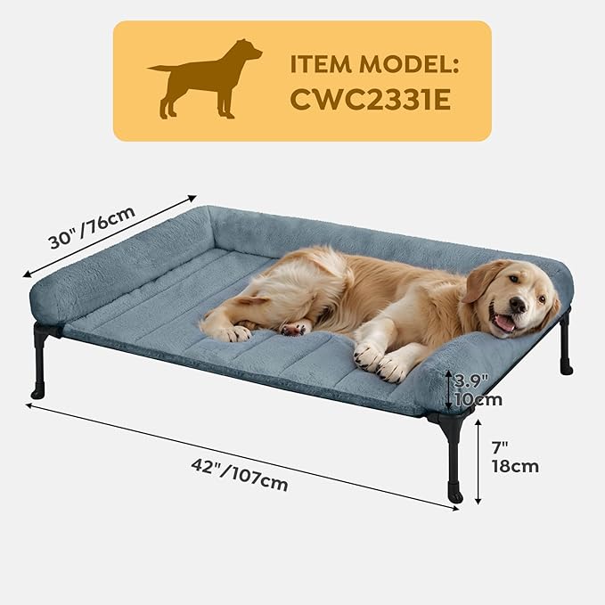 Veehoo Cooling Elevated Dog Bed with Fluffy Plush Bolster Cushion, Indoor Raised Dog Beds for Large Dogs, Soft Pet Sofa Cot with Removable Washable Mat, No-Slip Feet, 42 x 30 inches, Haze Blue-Mewly Pet