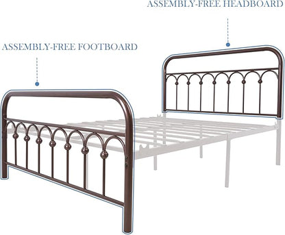 YALAXON Vintage Sturdy Full Size Metal Bed Frame with Headboard and Footboard Basic Bed Frame No Box Spring Needed，Antique Brown